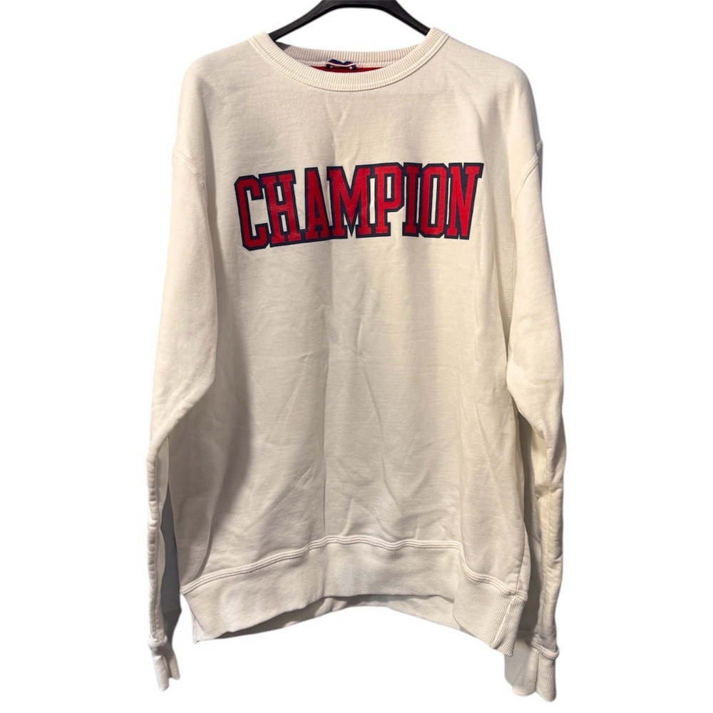 Vintage Champion Sweatshirt White Crew Neck Red Logo Pullover‎ Mens Size L